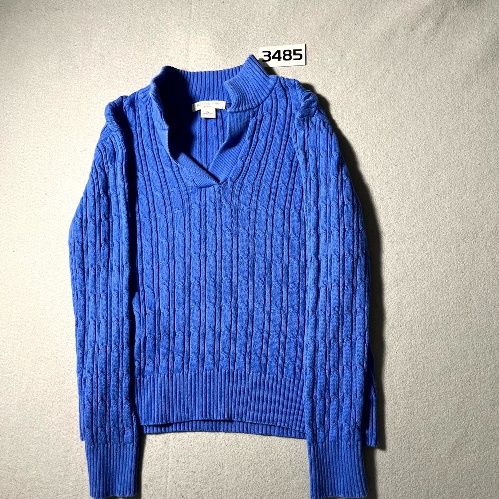 Liz Claiborne Sweater Womens L Petites Blue Cotton Cable Knit Split Neck Winter